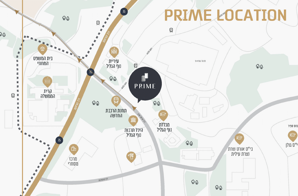 מפה המראה את מיקום PRIME באזור נוף הגליל, עם סמלים למבנים מרכזיים כגון בית המשפט, תחנת הרכבת החדשה, קריית הממשלה, מתחם משרד מבוסס, והיכל תרבות.
